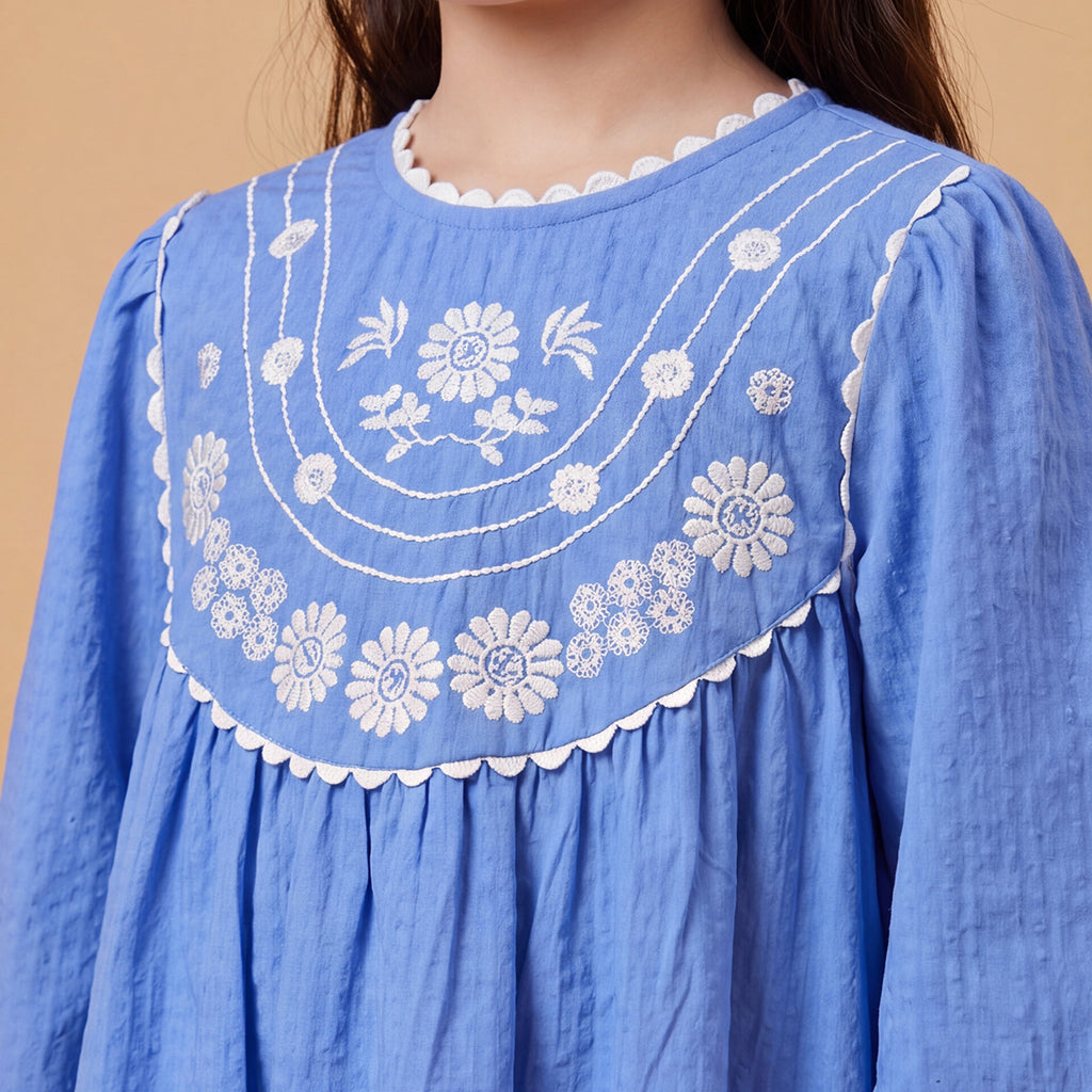 Girls Blue Embroidered Long Sleeve A-Line Dress
