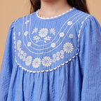 Girls Blue Embroidered Long Sleeve A-Line Dress