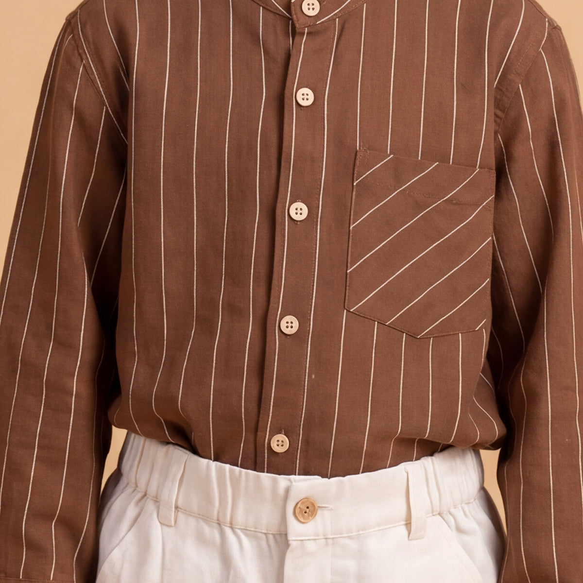 Boys Brown Long Sleeve Stripes Shirt With Elasticated Trousers Set