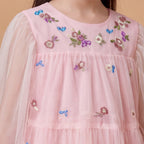 Girls Pink Long Sleeve Embroidered Layered Dress