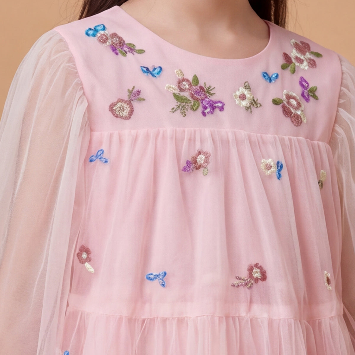 Girls Pink Long Sleeve Embroidered Layered Dress