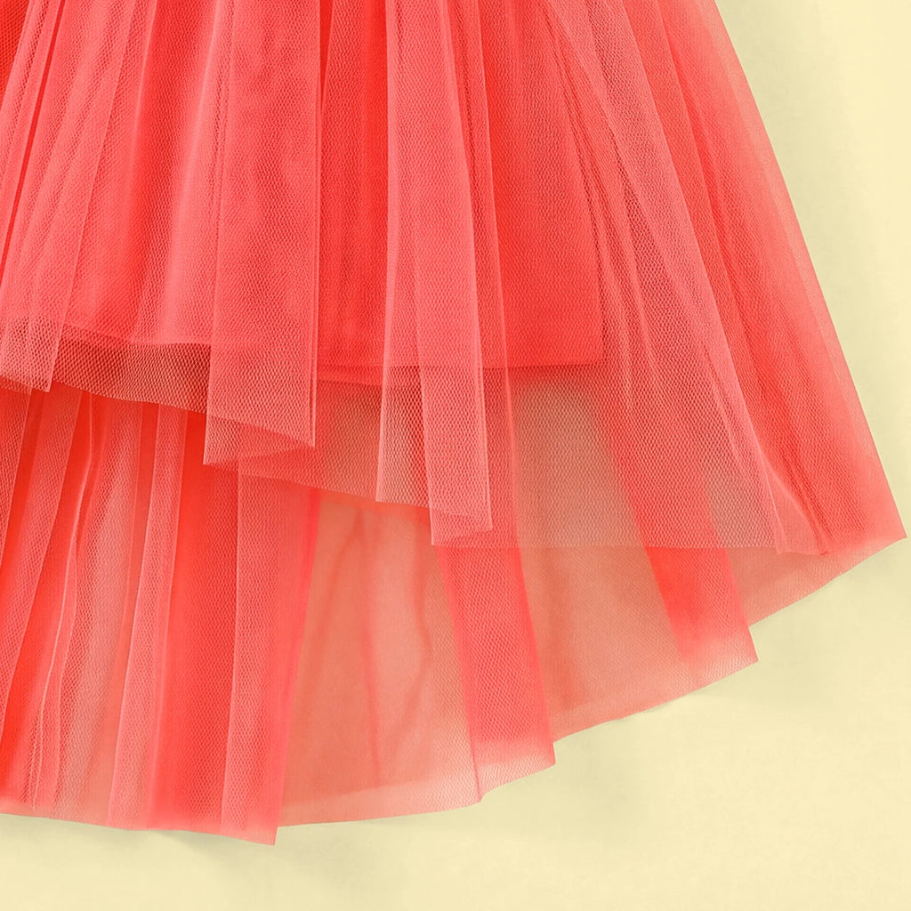 Girls Coral Floral Applique High Low Sleeveless Party Wear Dress