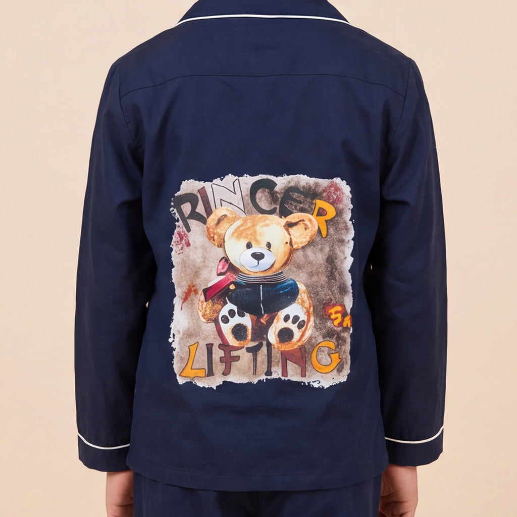 Boys Navy Pajama Set: Long Sleeve Shirt and Elasticated Pants Sleepwear