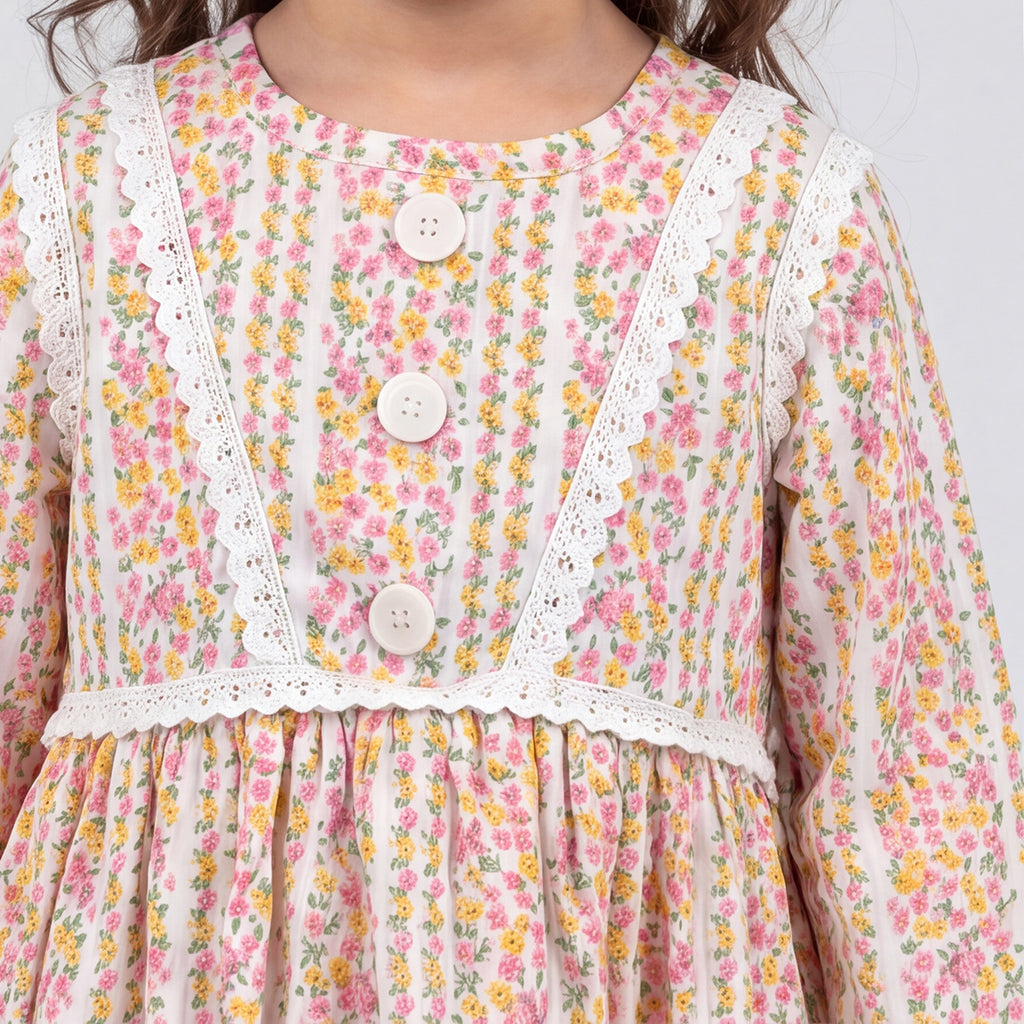 Girls Pink Floral Print Long Sleeve Dress