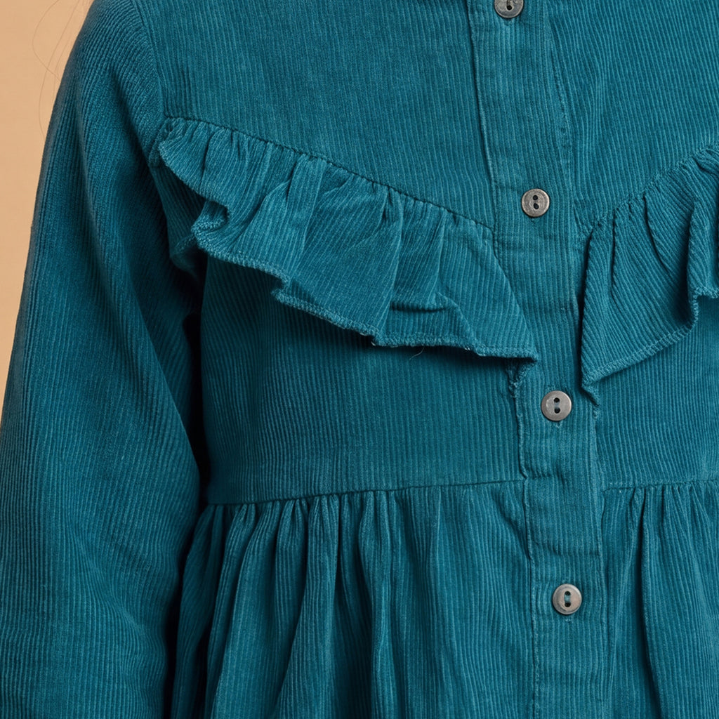 Girls Teal Green Long Sleeve Corduroy Fit & Flare Dress