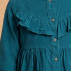 Girls Teal Green Long Sleeve Corduroy Fit & Flare Dress