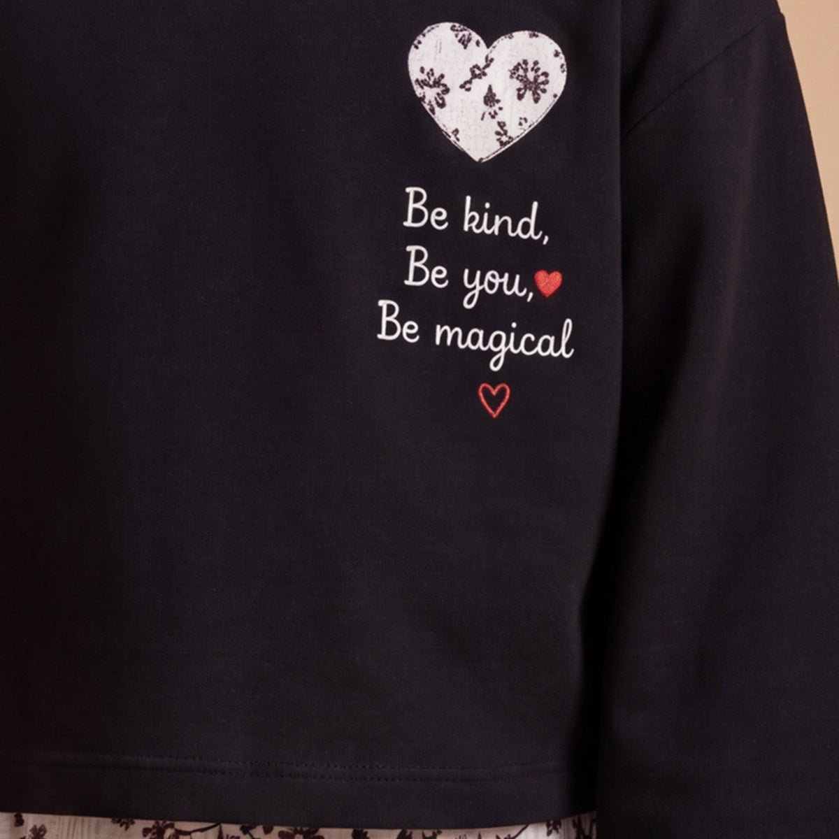 Girls Black Long Sleeve Top With Ditsy Print Trousers Set