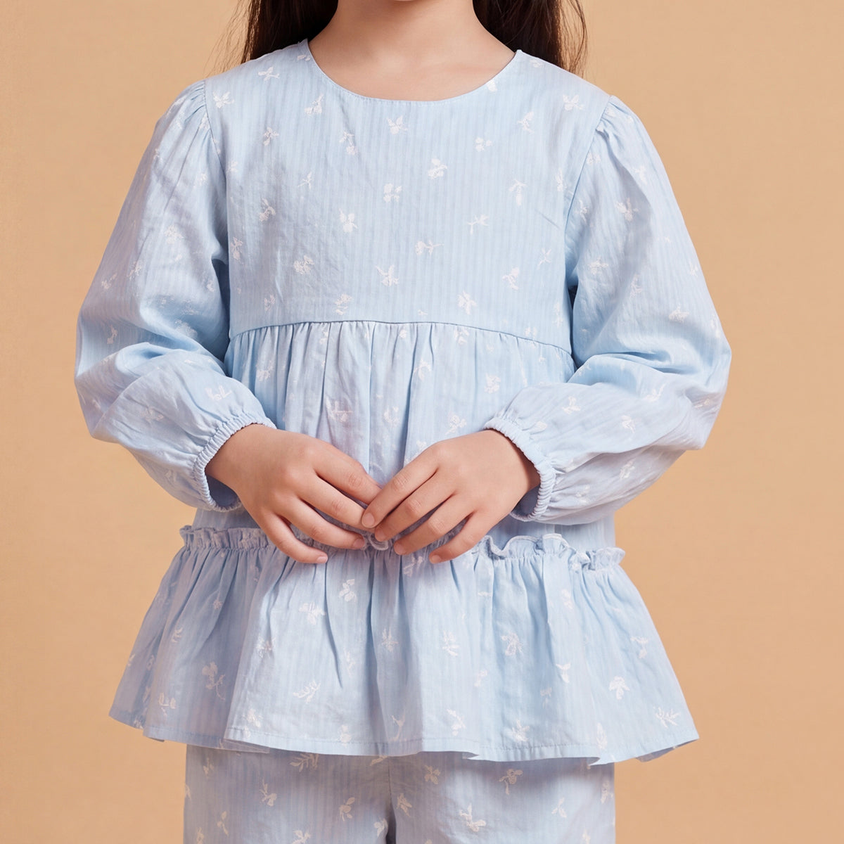 Girls Light Blue Printed Long Sleeve Top With Elasticated Pants Sets