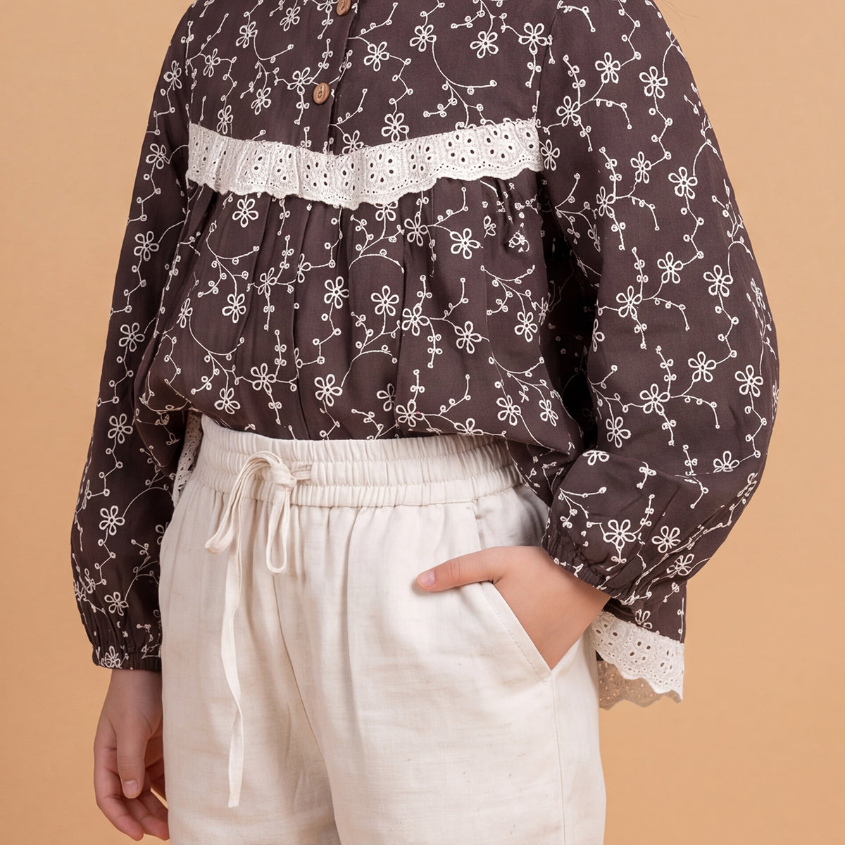 Girls Brown Printed Long Sleeve Top With Pants Sets