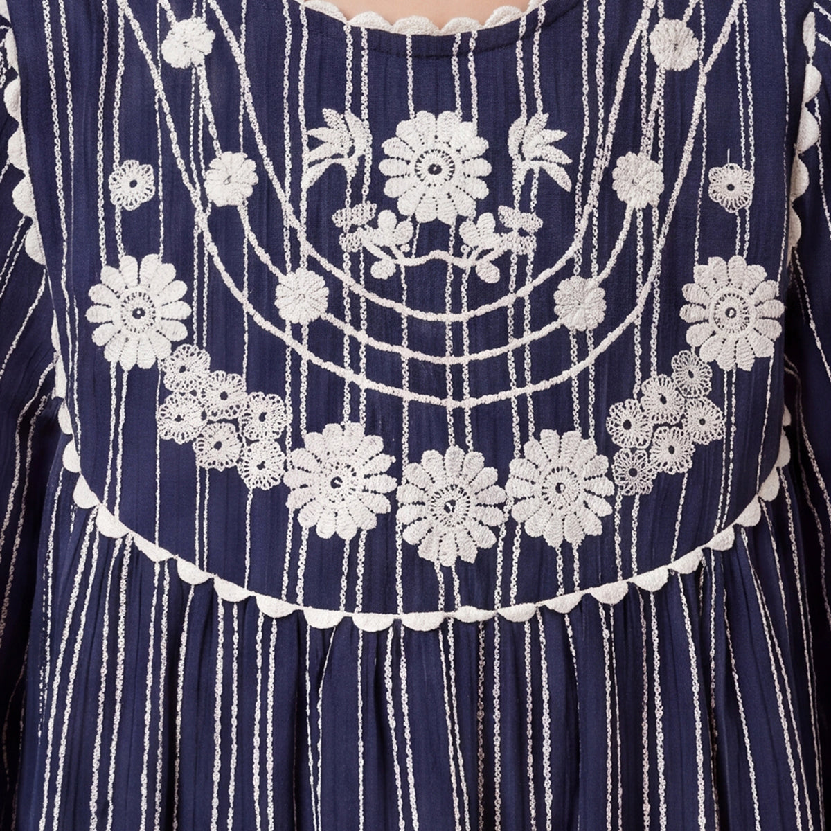 Girls Navy Embroidered Long Sleeve A-Line Dress