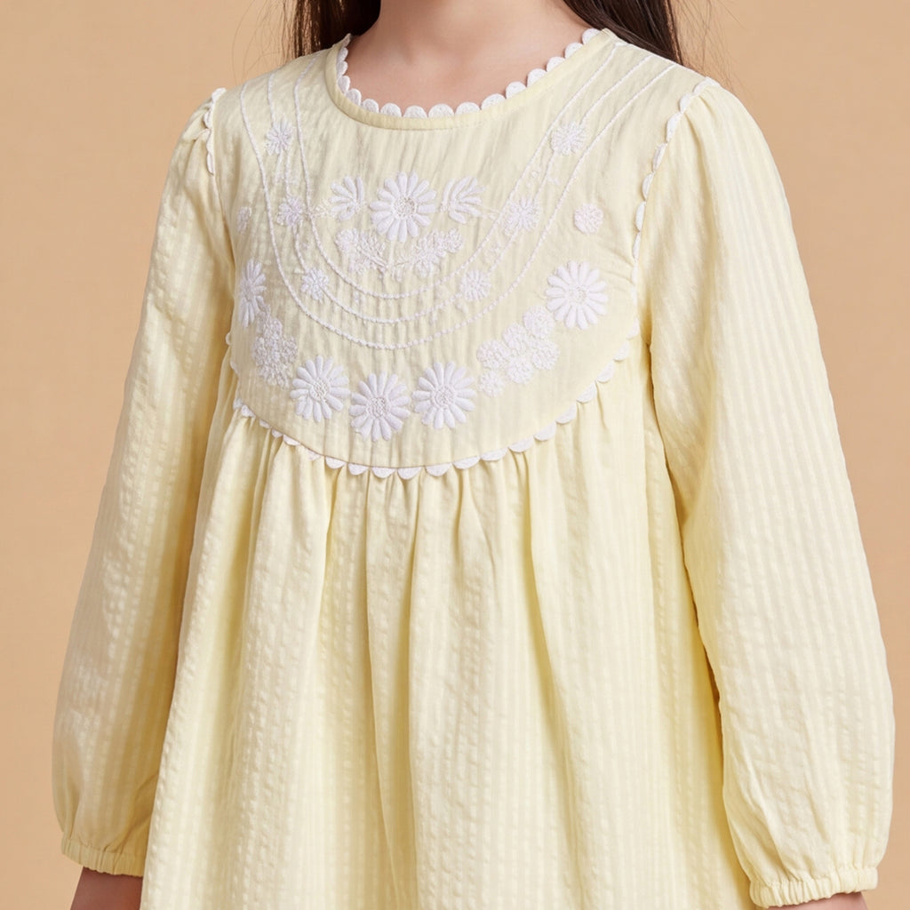 Girls Light Yellow Embroidered Long Sleeve A-Line Dress