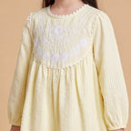 Girls Light Yellow Embroidered Long Sleeve A-Line Dress