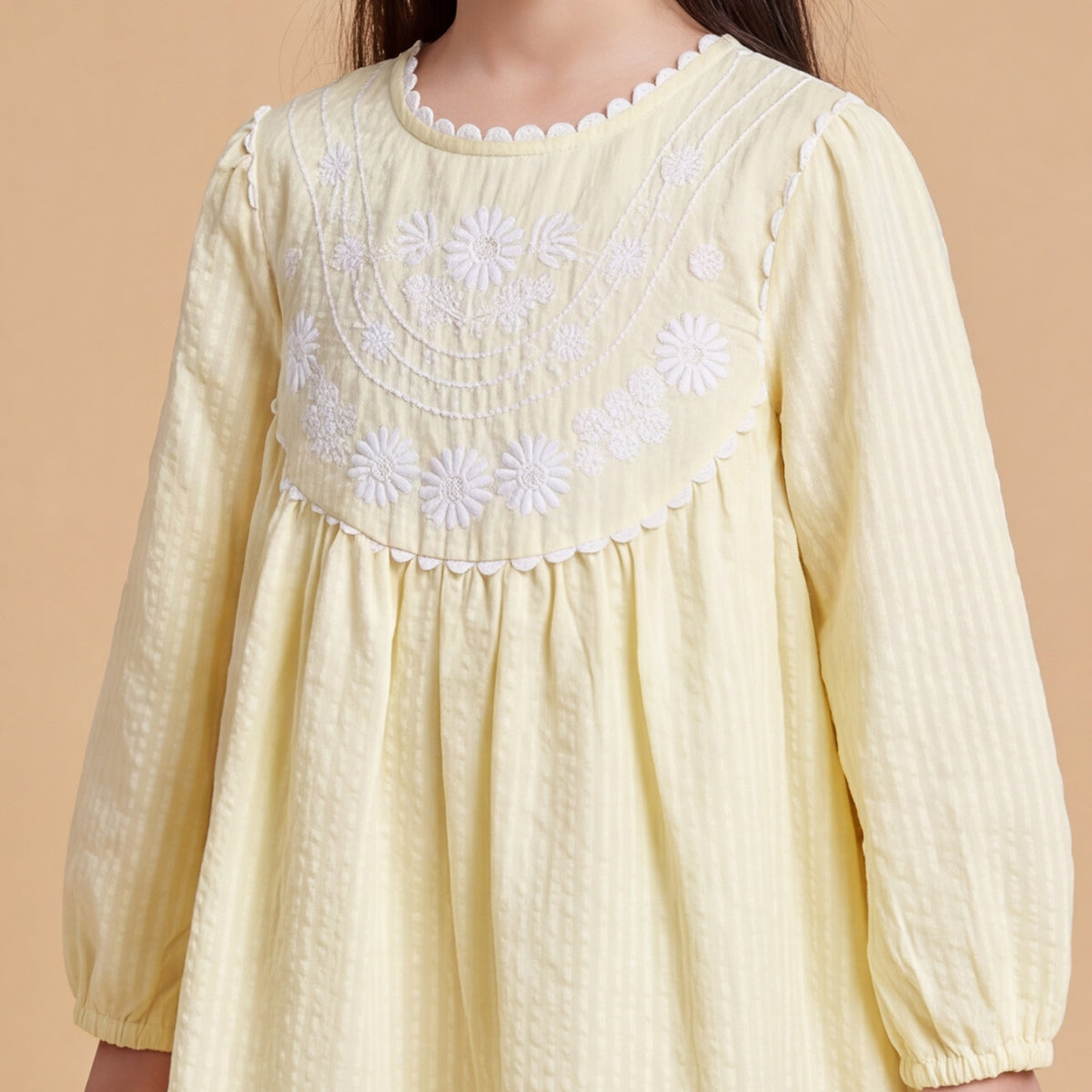 Girls Light Yellow Embroidered Long Sleeve A-Line Dress