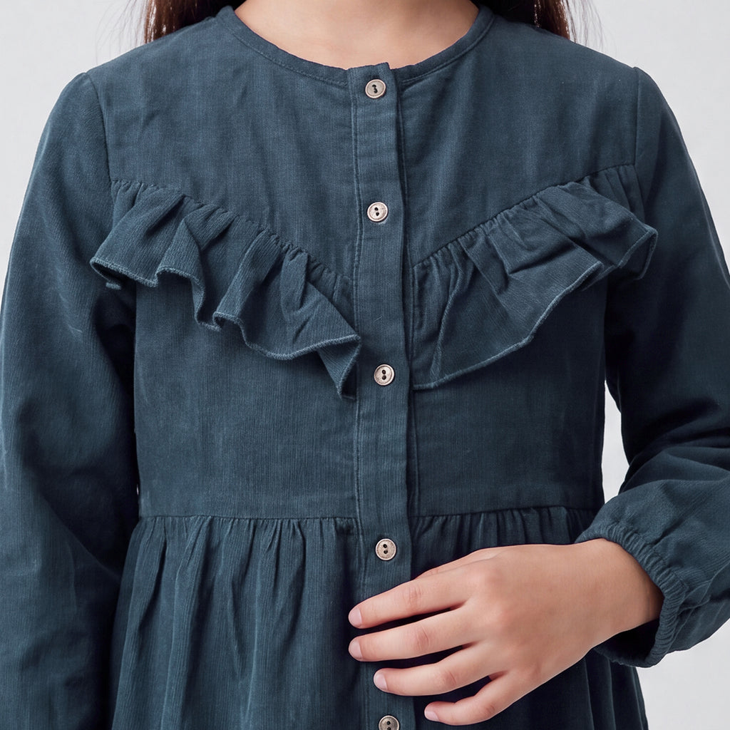 Girls Grey Long Sleeve Corduroy Fit & Flare Dress