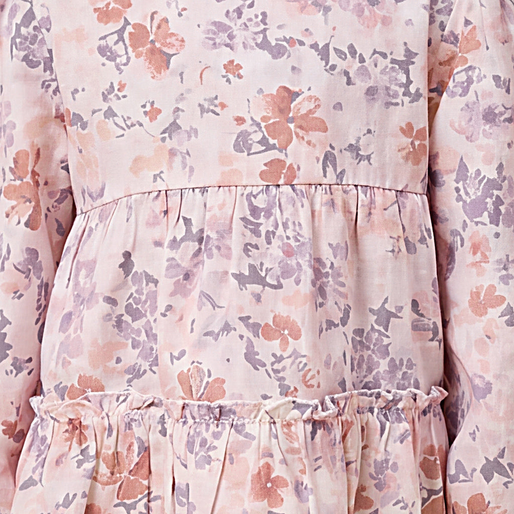 Girls Purple Printed Floral Long Sleeve Top With Elasticated Pants Sets
