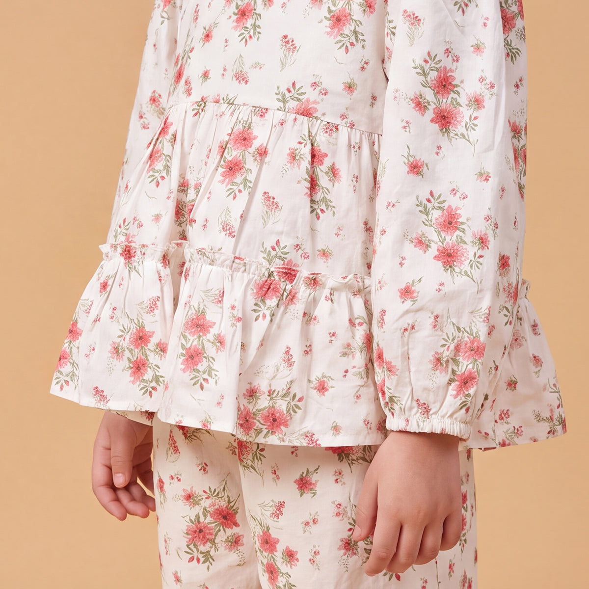 Girls White Printed Floral Long Sleeve Top With Elasticated Pants & Headband Sets