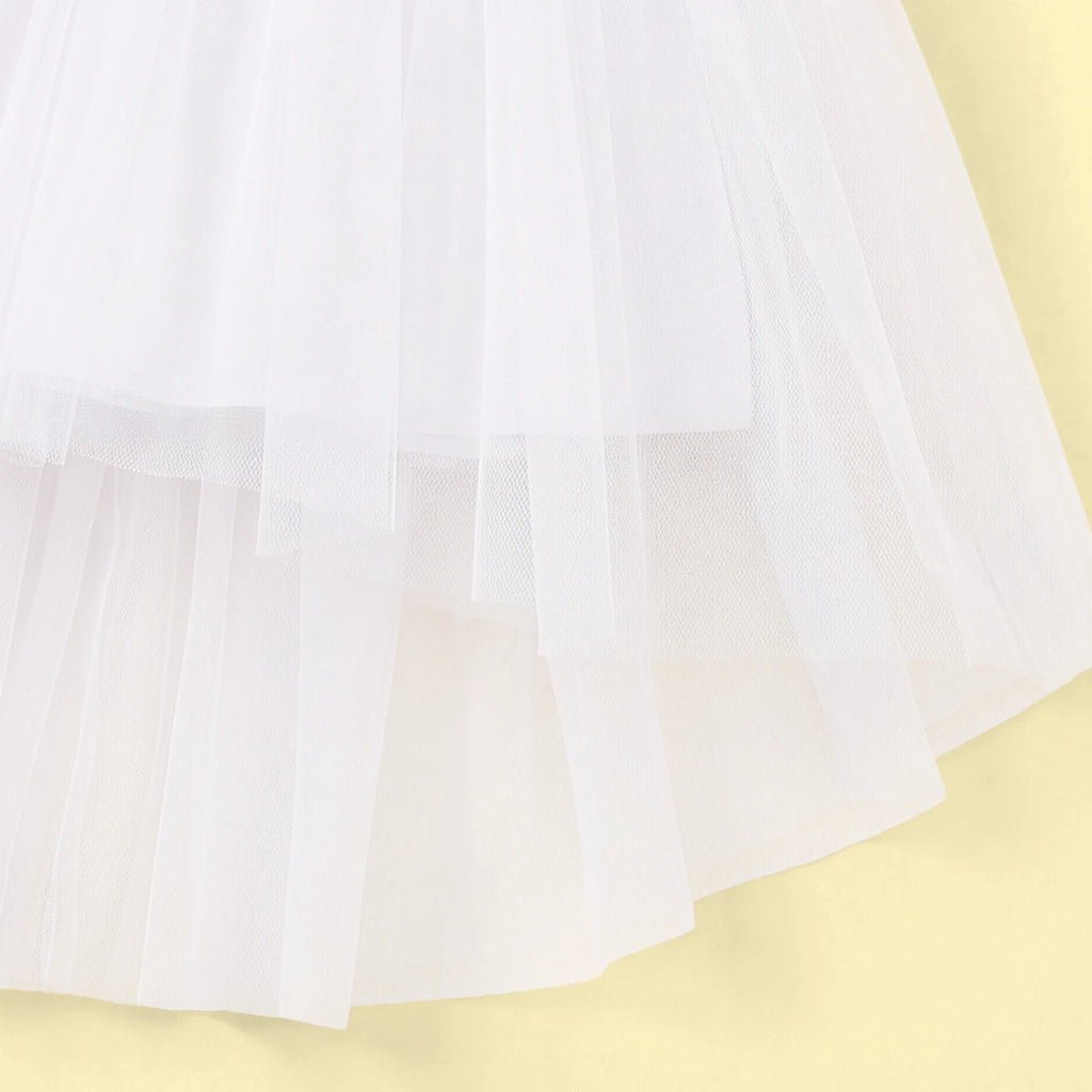 Girls White Floral Applique High Low Sleeveless Party Wear Dress