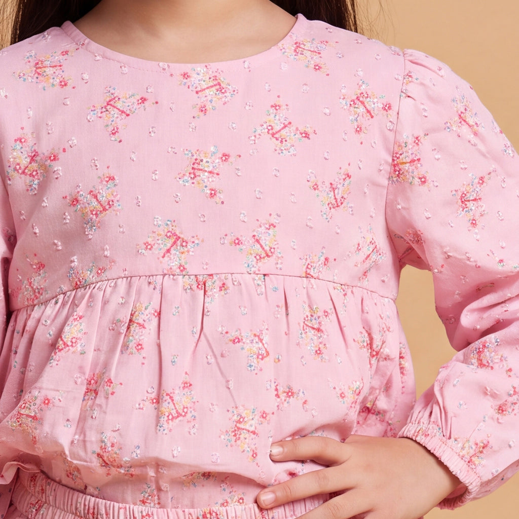 Girls Pink Printed Floral Long Sleeve Top With Elasticated Pants & Headband Sets