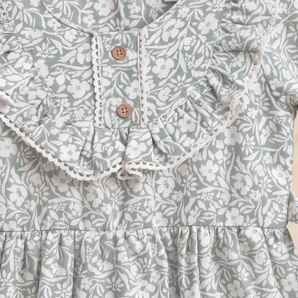 Girls Green Floral Print Long Sleeve Dress