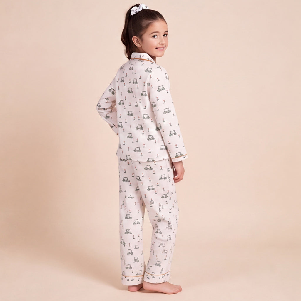 Girls White 3Pcs Pajama Set: Long Sleeve Shirt, Pajamas and Matching Stretched Hair Band