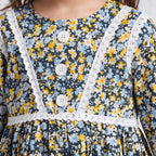 Girls Navy Floral Print Long Sleeve Dress