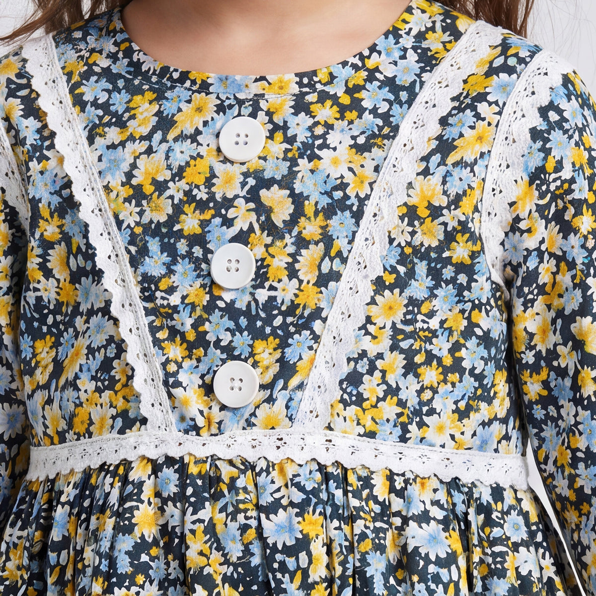 Girls Navy Floral Print Long Sleeve Dress