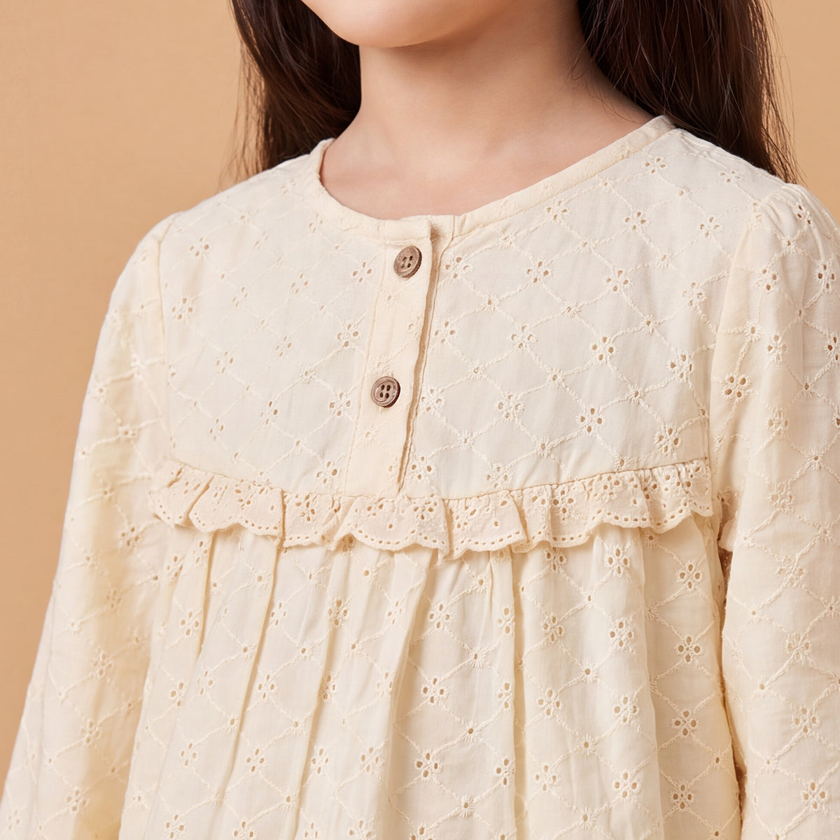 Girls Off White Embroidered Long Sleeve Top With Pants Sets