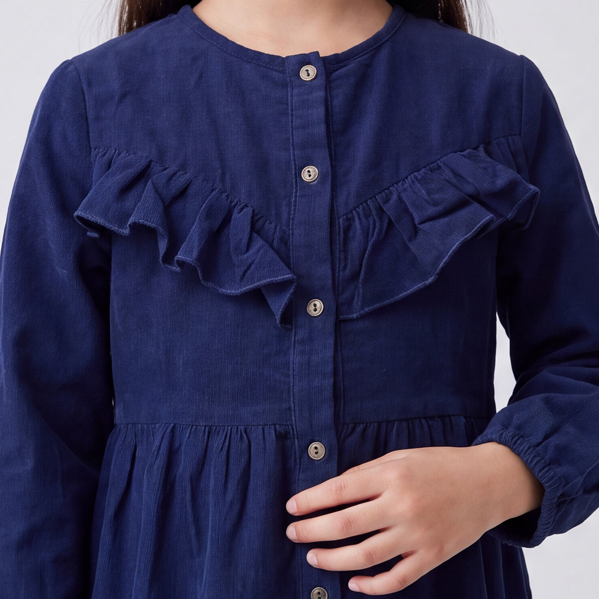 Girls Navy Long Sleeve Corduroy Fit & Flare Dress