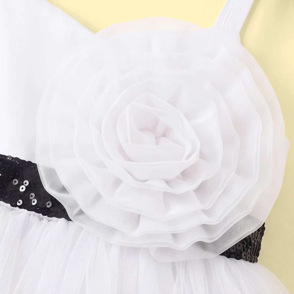 Girls White Floral Applique High Low Sleeveless Party Wear Dress