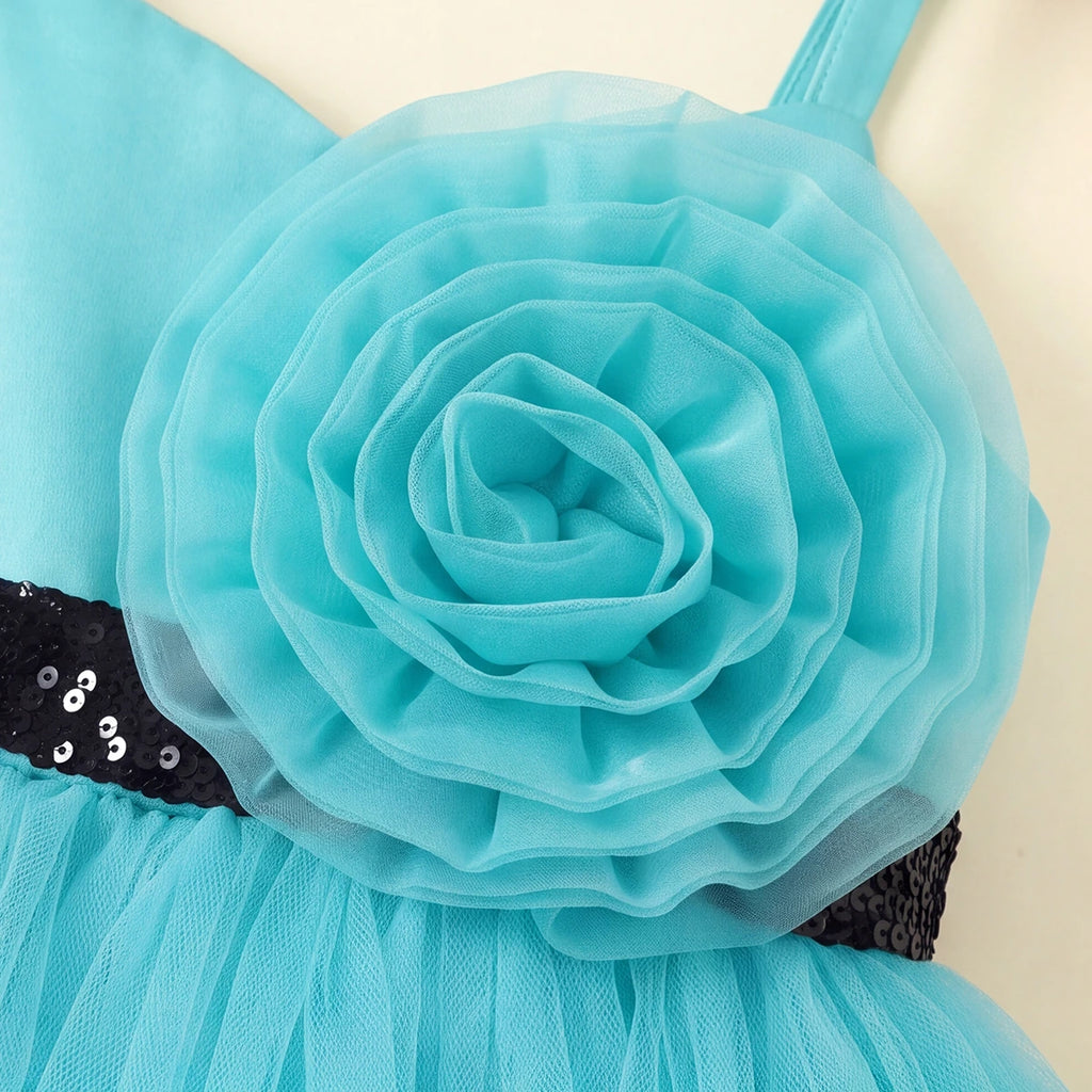 Girls Turquoise Floral Applique High Low Sleeveless Party Wear Dress