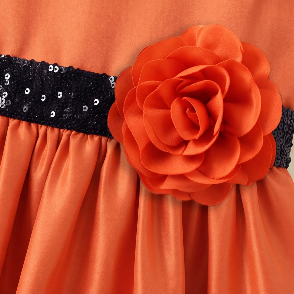 Girls Orange Floral Applique High Low Sleeveless Party Wear Dress