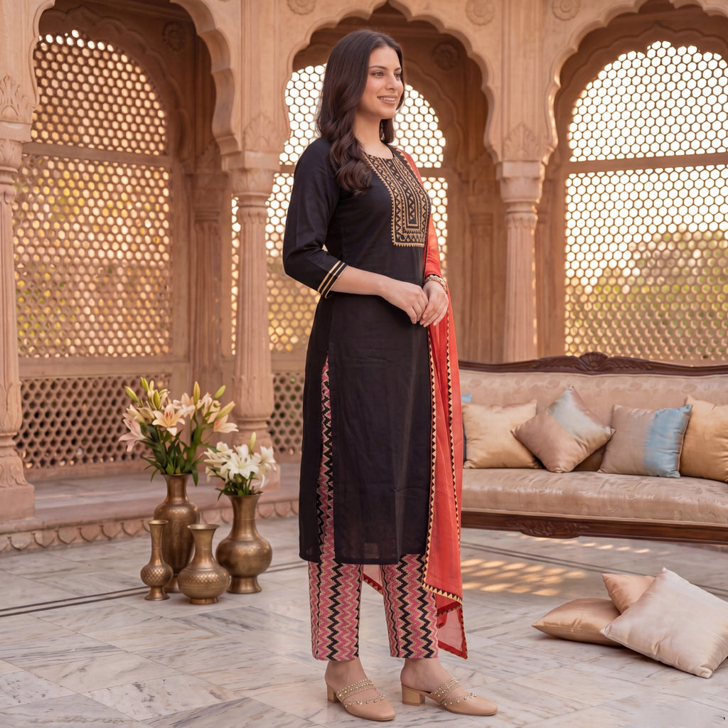 Women Black Embroidered Straight Kurta, Printed Salwar with Dupatta Set (Pack of 3)