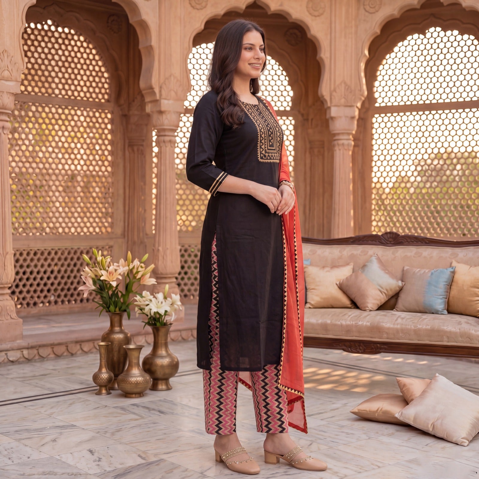 Women Black Embroidered Straight Kurta, Printed Salwar with Dupatta Set (Pack of 3)