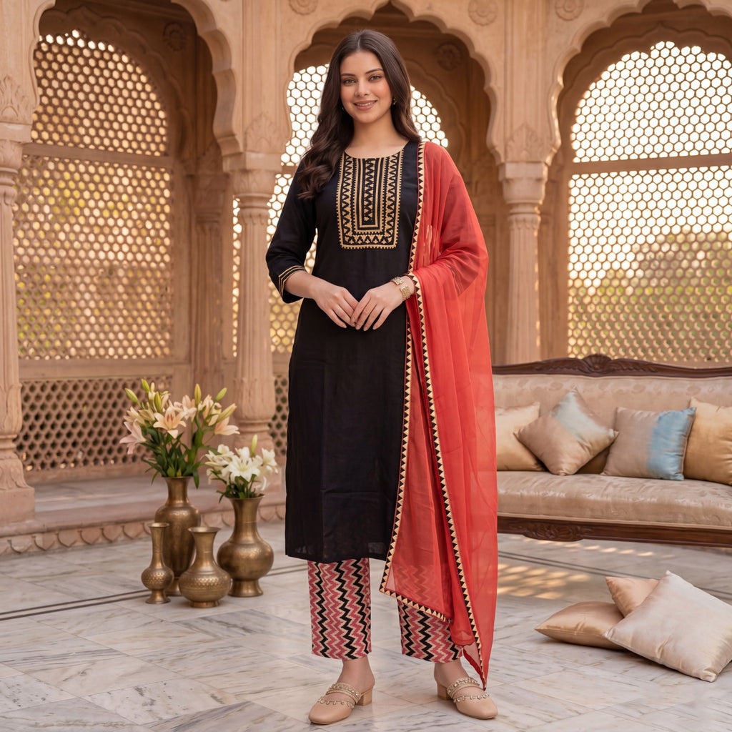 Women Black Embroidered Straight Kurta, Printed Salwar with Dupatta Set (Pack of 3)