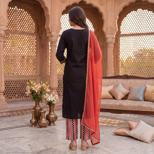 Women Black Embroidered Straight Kurta, Printed Salwar with Dupatta Set (Pack of 3)
