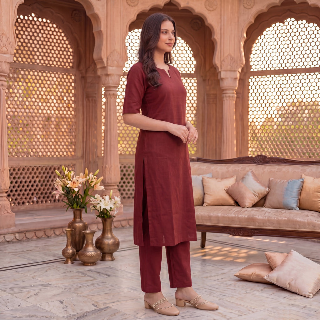 Women Maroon Solid V-Neck Short Sleeve Straight Kurta With Salwar Set