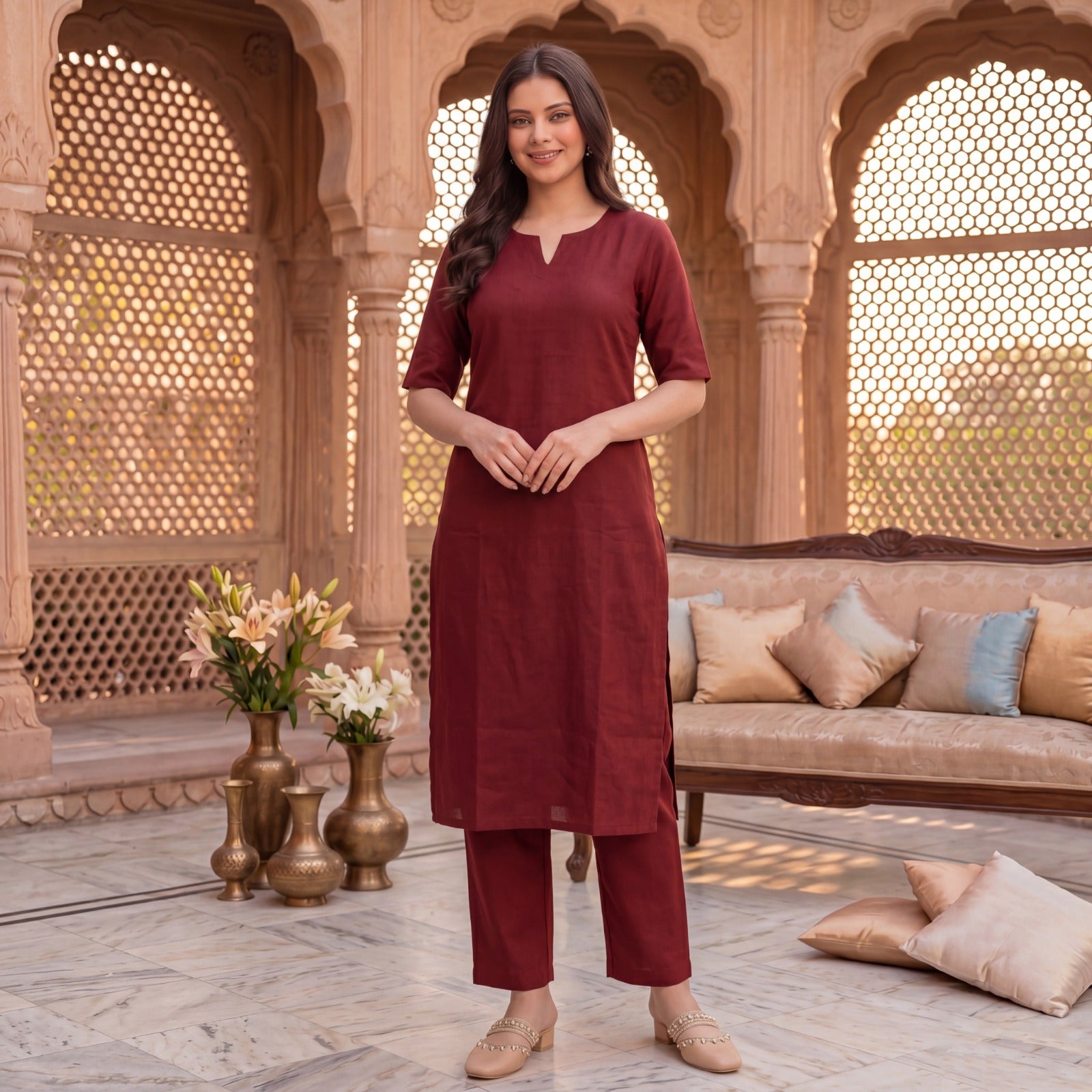 Women Maroon Solid V-Neck Short Sleeve Straight Kurta With Salwar Set