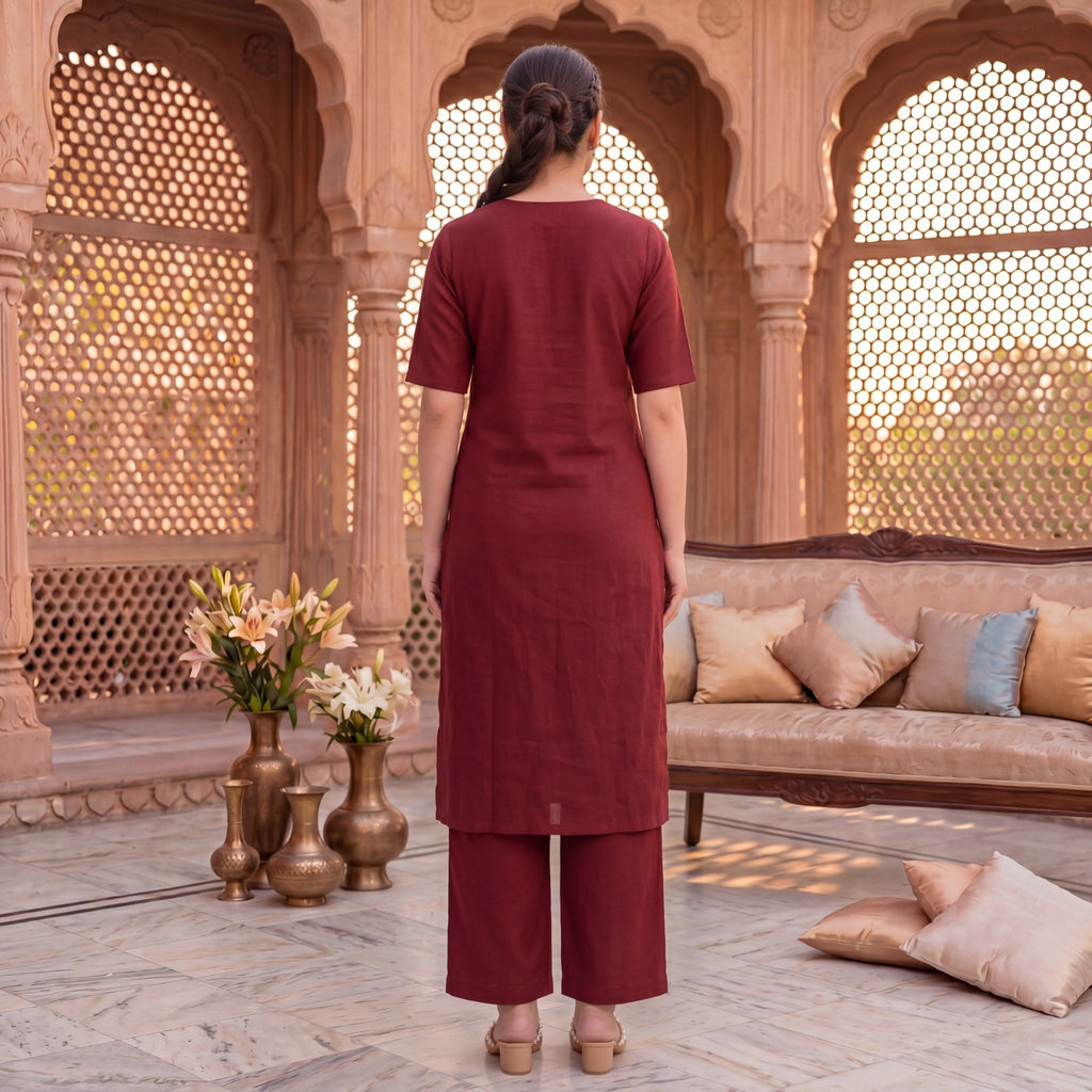 Women Maroon Solid V-Neck Short Sleeve Straight Kurta With Salwar Set