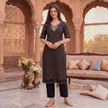 Women Black Embroidered Cotton Straight Kurta With Pants Set