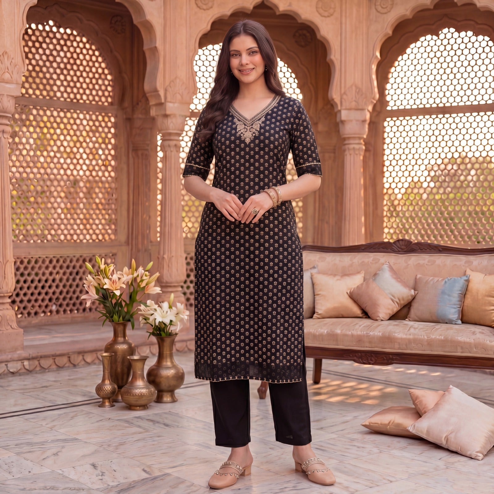 Women Black Embroidered Cotton Straight Kurta With Pants Set