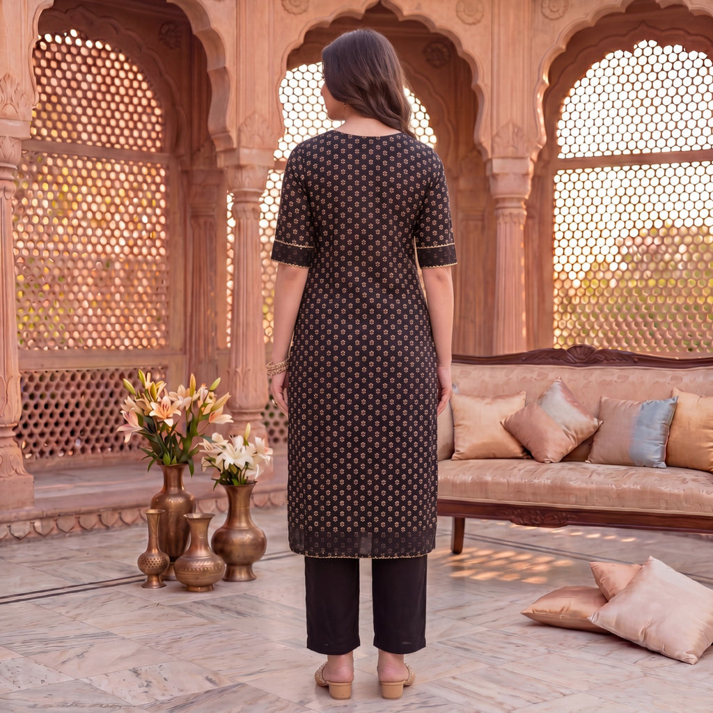 Women Black Embroidered Cotton Straight Kurta With Pants Set