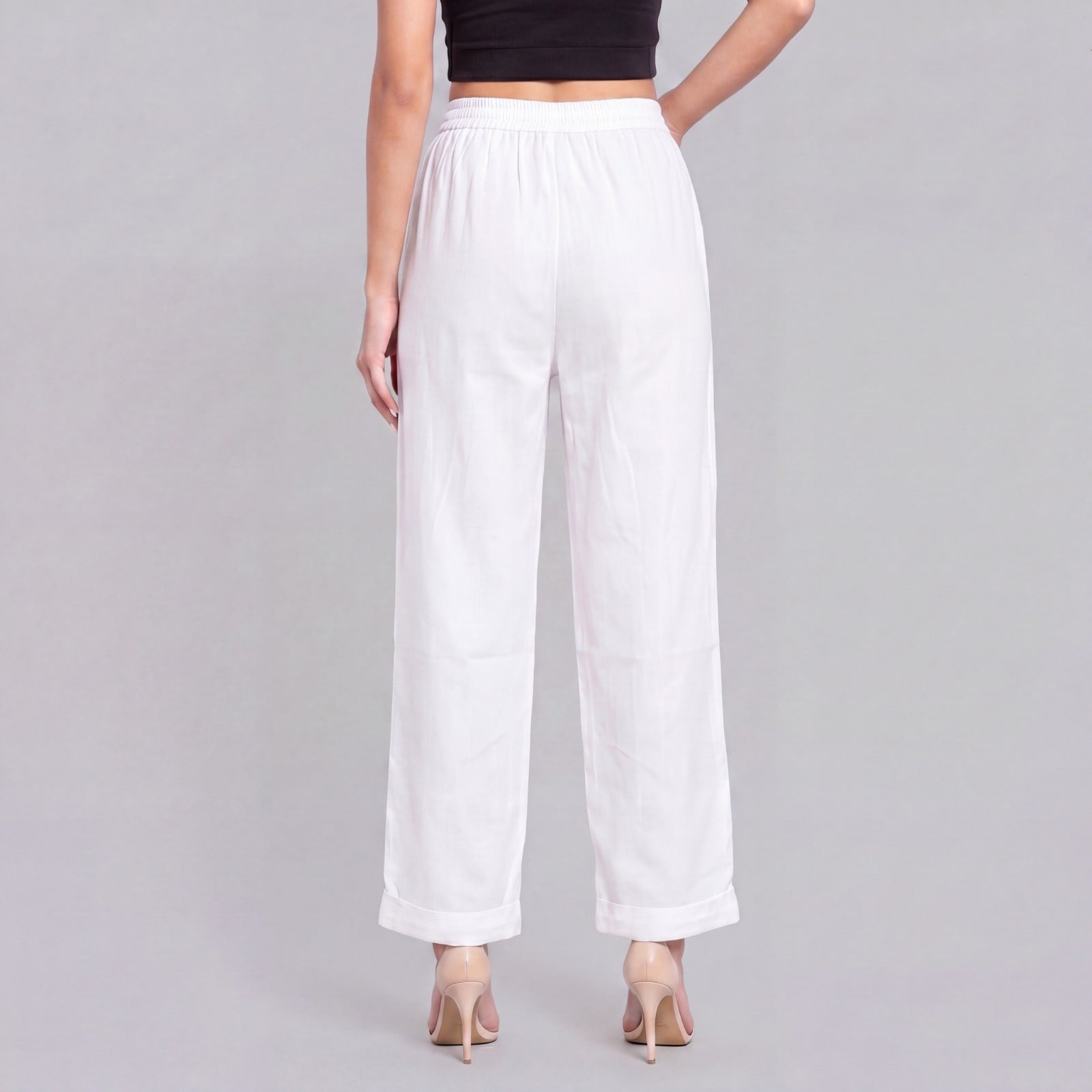 Women White Wide Leg Palazzo With 2 Side Pockets