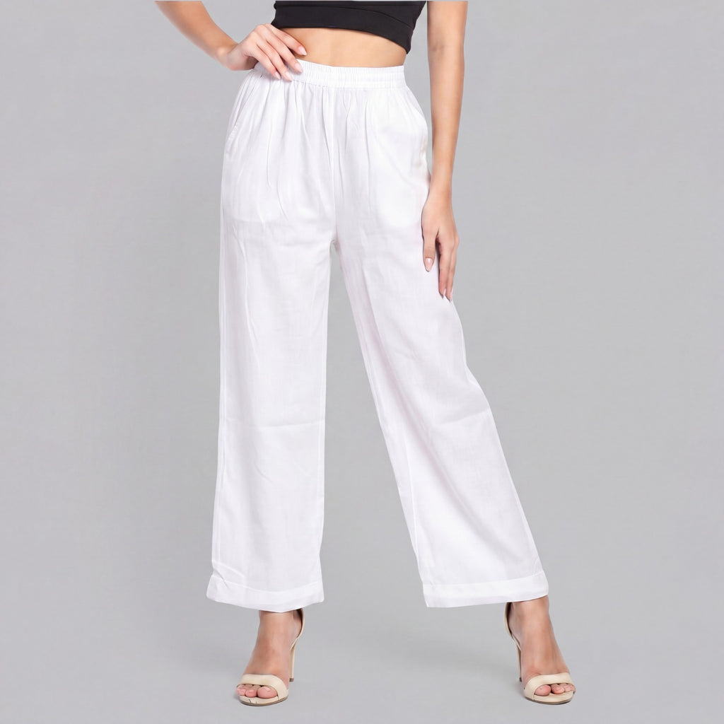 Women White Wide Leg Palazzo With 2 Side Pockets